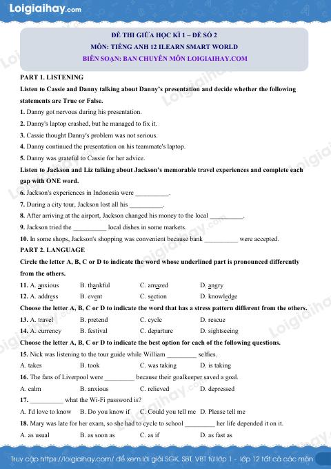 Đề thi giữa kì 1 Tiếng Anh 12 iLearn Smart World - Đề số 2